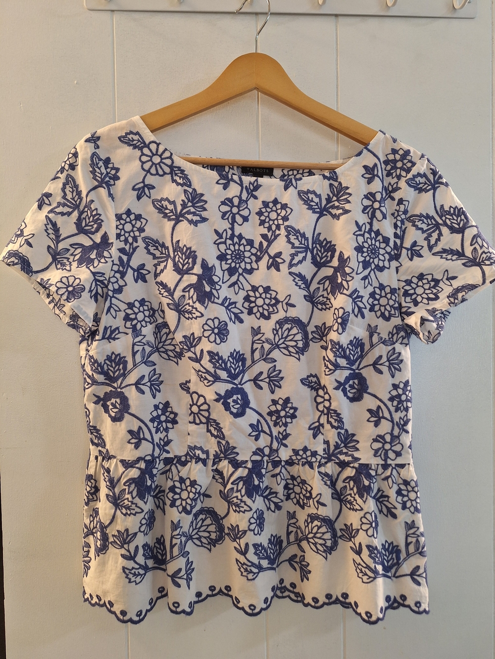 Talbots White Top with Blue Floral Embroidery Peplum